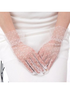 Sylar Kısa Boy Güpürlü Beyaz Puantiyeli Tül Eldiven Beyaz Renk