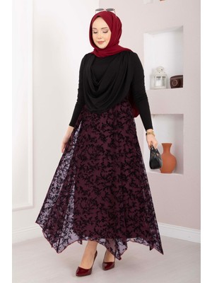 Md Flok Baskılı Asimetrik Kesim Tül Etek Bordo
