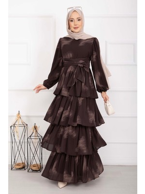 HL Liva Kuşaklı Kat Kat Elbise Kahve