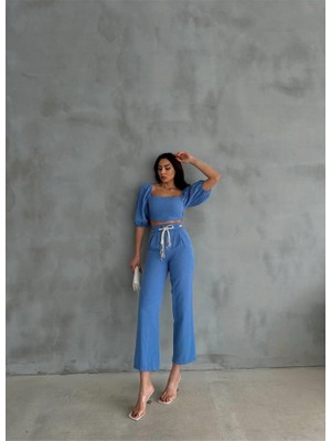 Queene Dreams Keten Crop Karpuz Kol Bluz-Pantolon Hasır Kemerli - Mavi
