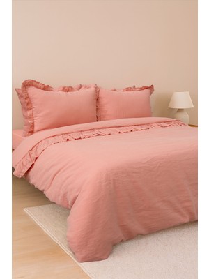 Barine Frill Fırfırlı Keten Karışımlı Çift Kişilik Nevresim Seti Açık Mercan