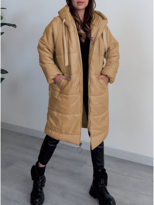 Queene Dreams Kapşonlu Bağcık Detaylı Fermuarlı Şişme Mont -Vizon