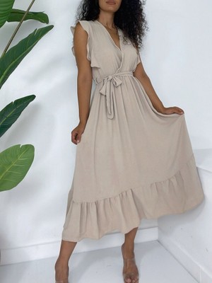 Queene Dreams Omuzları Fırfırlı Sıfır Kol Beli Lastikli Bağcıklı Ayrobin Elbise -Vizon