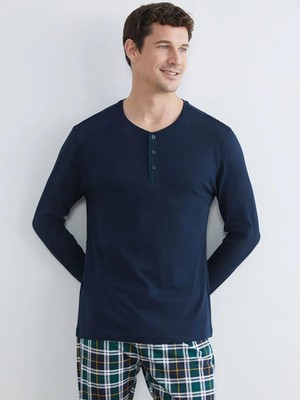 LC Waikiki Lacivert Standart Kalıp Ekose Erkek Pijama Takım  (S6)