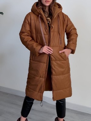 Queene Dreams Kapşonlu Bağcık Detaylı Fermuarlı Şişme Mont -Taba