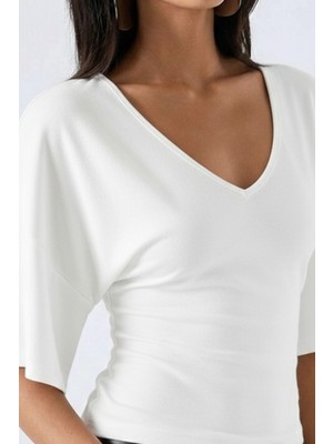 Tarz Cool Kadın Yarasa Kol V Yaka Likralı Bluz & Tişört