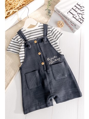 Babymod Cep Detaylı Keten Şortlu Erkek Bebek  Salopet Tulum Set