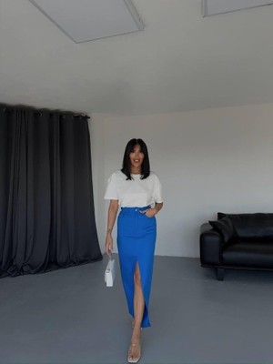 Queene Dreams Gabardin Uzun Önden Yırtmaçlı Etek - Saks