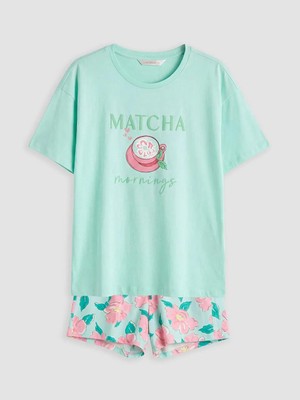 LC Waikiki Turkuaz Bisiklet Yaka Baskılı Kadın Şortlu Pijama Takımı  (S6)