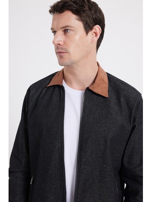 Tudors Erkek Regular Fit Rahat Kesim Kadife Yaka Fermuarlı Denim Siyah Ceket Gömlek