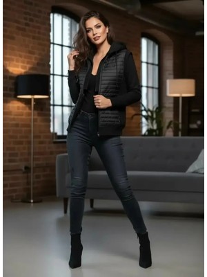 Sierra Otantik Kadın Kapüşonlu Yelek %65 Pamuk Slim Fit Günlük Kullanım için Siyah