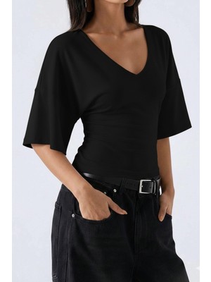 Tarz Cool Kadın Yarasa Kol V Yaka Likralı Bluz & Tişört