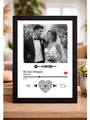 Woisco Kişiye Özel Hediye Spotify Tablo, Müzik Kapağı Çerçeveli Poster Tablo Spotify Barkod + Kalpli Qr Kod