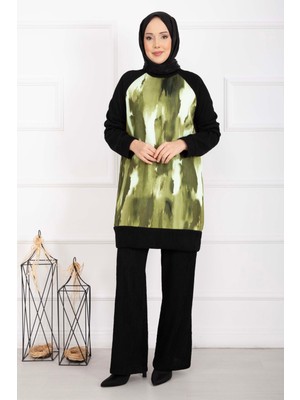 ZMR Batik Desen Ribanalı Tesettür İkili Takım Yağ Yeşil