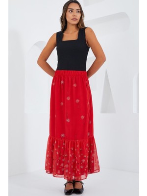 Queene Dreams Kırmızı Desenli Şifon Etek 8010