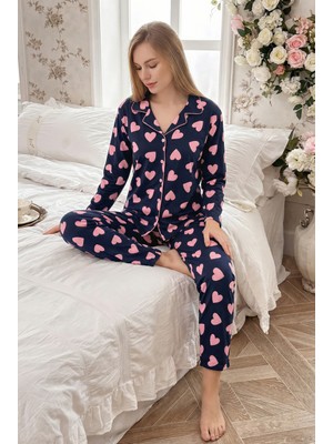Düğme Kapanma Detaylı Kalp Desenli Kadın Pijama Takımı