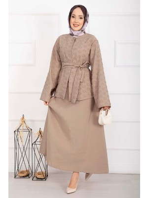 EFL Kabartma Dokulu Kuşaklı Etek Takım Vizon