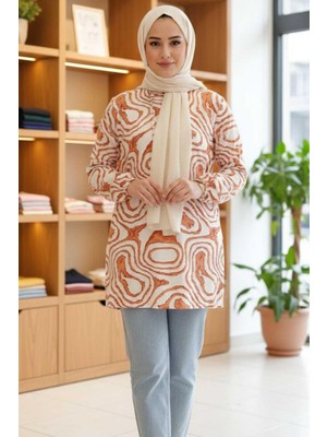 Tesettür Diyarı Kadın Ikat Desenli Uzun Kollu Tunik -Turuncu