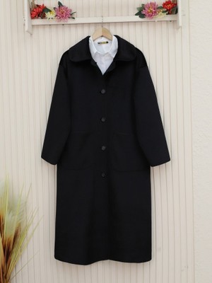 Queene Dreams Boydan Düğmeli Cepli Kaban -Siyah