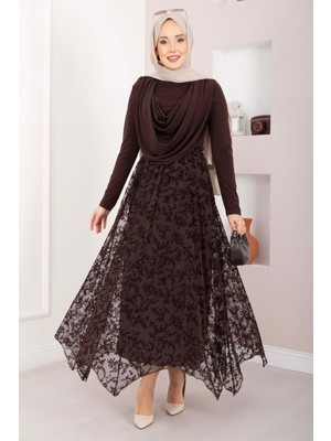 Md Flok Baskılı Asimetrik Kesim Tül Etek Kahve