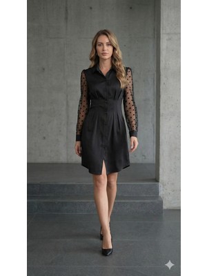 Queene Dreams Kadın Uzun Kollu Yakalı Düğmeli Mini Ithal Krep Elbise