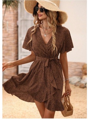 Queene Dreams Kadın Kısa Kelebek Kollu Kruvaze Yakalı Belden Kuşaklı Kısa Desenli Süprem Elbise