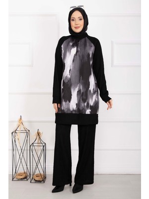 ZMR Batik Desen Ribanalı Tesettür İkili Takım Siyah