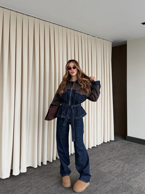 Laluvia Lacivert - Kahve Bağlamalı Ceket Pantolon Denim Takım - 0836