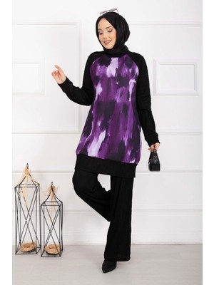 ZMR Batik Desen Ribanalı Tesettür İkili Takım Mürdüm