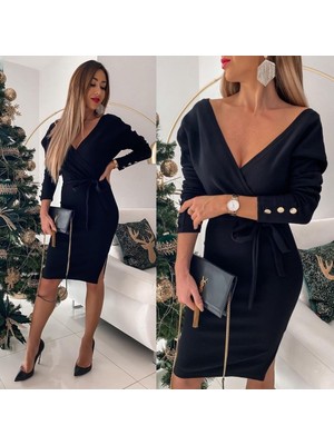 Queene Dreams Kadın Uzun Kollu Kruvaze Yaka Bağcık Detay Akrilik Mini Boy Elbise