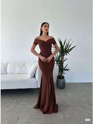 Queene Dreams Kadın Dalgıç Kumaş Kayık Yaka ve Dekolte Detaylı Elbise