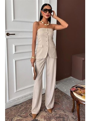 Queene Dreams Straplez Büstiyerli Plazzo Pantolonlu Çizgili Takım 10151