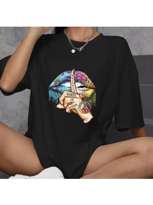 Queene Dreams Unisex Bisiklet Yaka Baskılı Oversize T-Shirt - Siyah