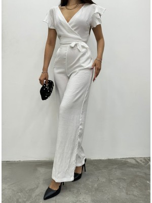 Queene Dreams Fermuar Detaylı Fırfırlı Tulum   -Beyaz