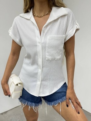 Queene Dreams Duble Kol Tek Cepli Bürümcük Gömlek  -Beyaz