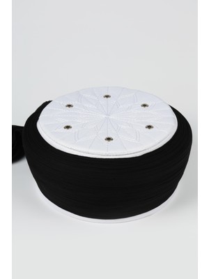 Sarıkhane Talebe Sarığı - Siyah Kumaş - Beyaz Takke - Düz Sarım - Kuş Gözü - 7 Metre (Züabeli)