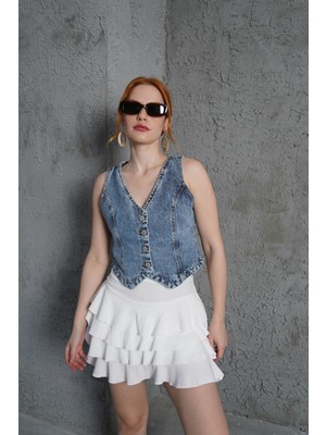 Queene Dreams Önü Düğmeli V Yaka Mavi Yelek