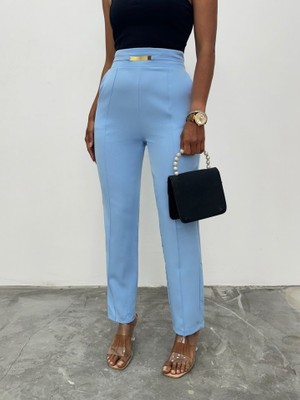 Queene Dreams Beli Lastikli Cepli Metal Detaylı Pantolon -Bebe Mavi
