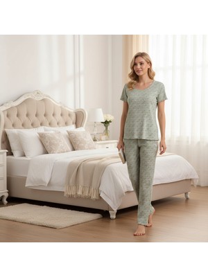 Bonbon Kadın Jakarlı Bohçalık Ve Çeyizlik Açık Yeşil Renk Çiçek Desenli 3'lü Set Pijama Takımı BB2312