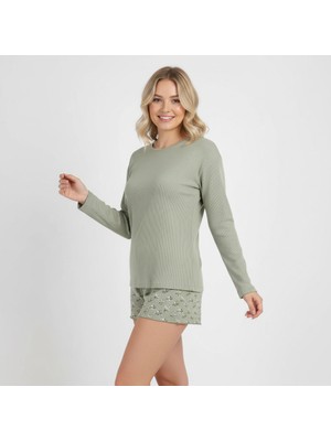 Bonbon Kadın Jakarlı Bohçalık Çeyizlik Uzun Kollu Açık Yeşil Renk 2'li Pijama Takımı BB2315