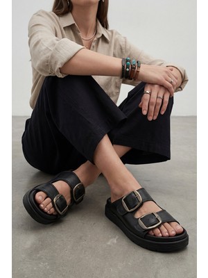 Marjin Kadın Hakiki Deri Tokalı Kalın Taban Günlük Terlik Rontes Siyah