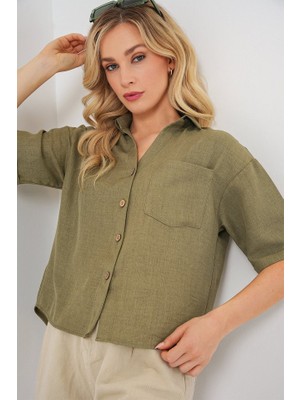 Queene Dreams Keten Görünümlü Crop Gömlek 20339 - Çağla