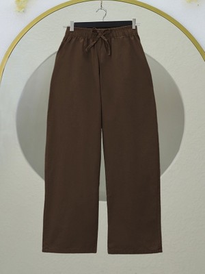Queene Dreams Bağcık Detaylı Bol Paça Beli Lastikli Keten Pantolon -Kahve