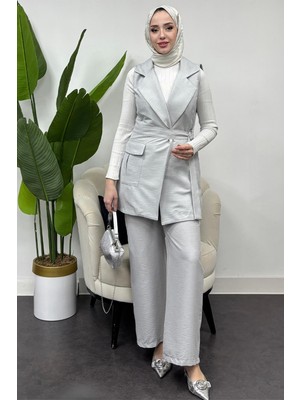 Tesettür Diyarı  Kadın Cepli Bağlamalı Takım-Gri