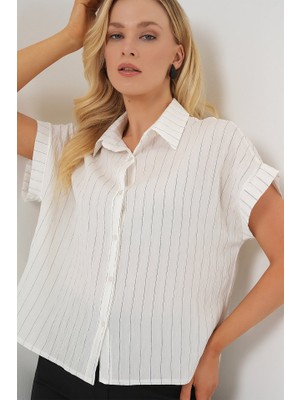Queene Dreams Çizgili Kısa Kol Gömlek 20327 - Beyaz