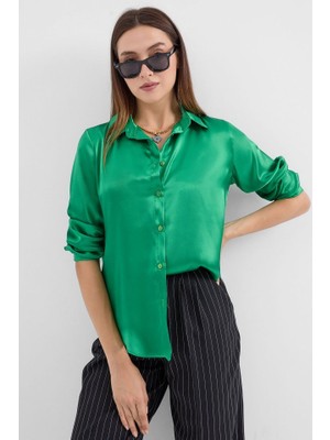 Queene Dreams 3964 Hafif Dökümlü Saten Gömlek - Yeşil