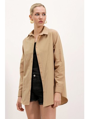 Queene Dreams 3900 Oversize Uzun Basic Gömlek - Bisküvi