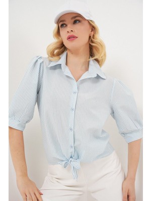 Queene Dreams Önü Bağlamalı Çizgili Gömlek 20323 - Mavi