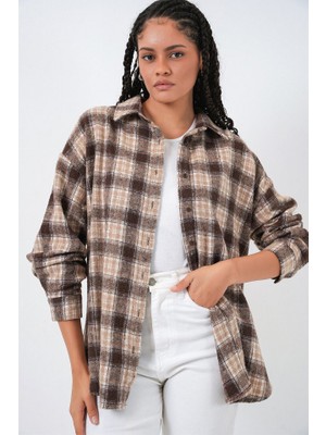 Queene Dreams Ekose Desen Oversize Oduncu Gömlek 3854 - E. Kahve