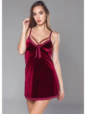 Letsii Kadife Dokulu Gecelik Bordo Renk